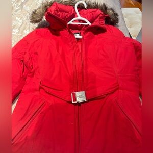 Women’s red north face parka jacket with belt